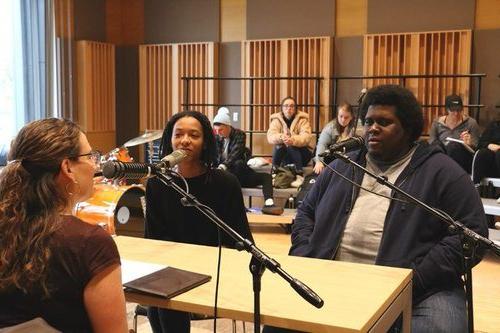 In episode 12, Jolie Sheffer talks with Maurice Cherry and Taylor Simone about graphic design and representation. Students listen in the audience.